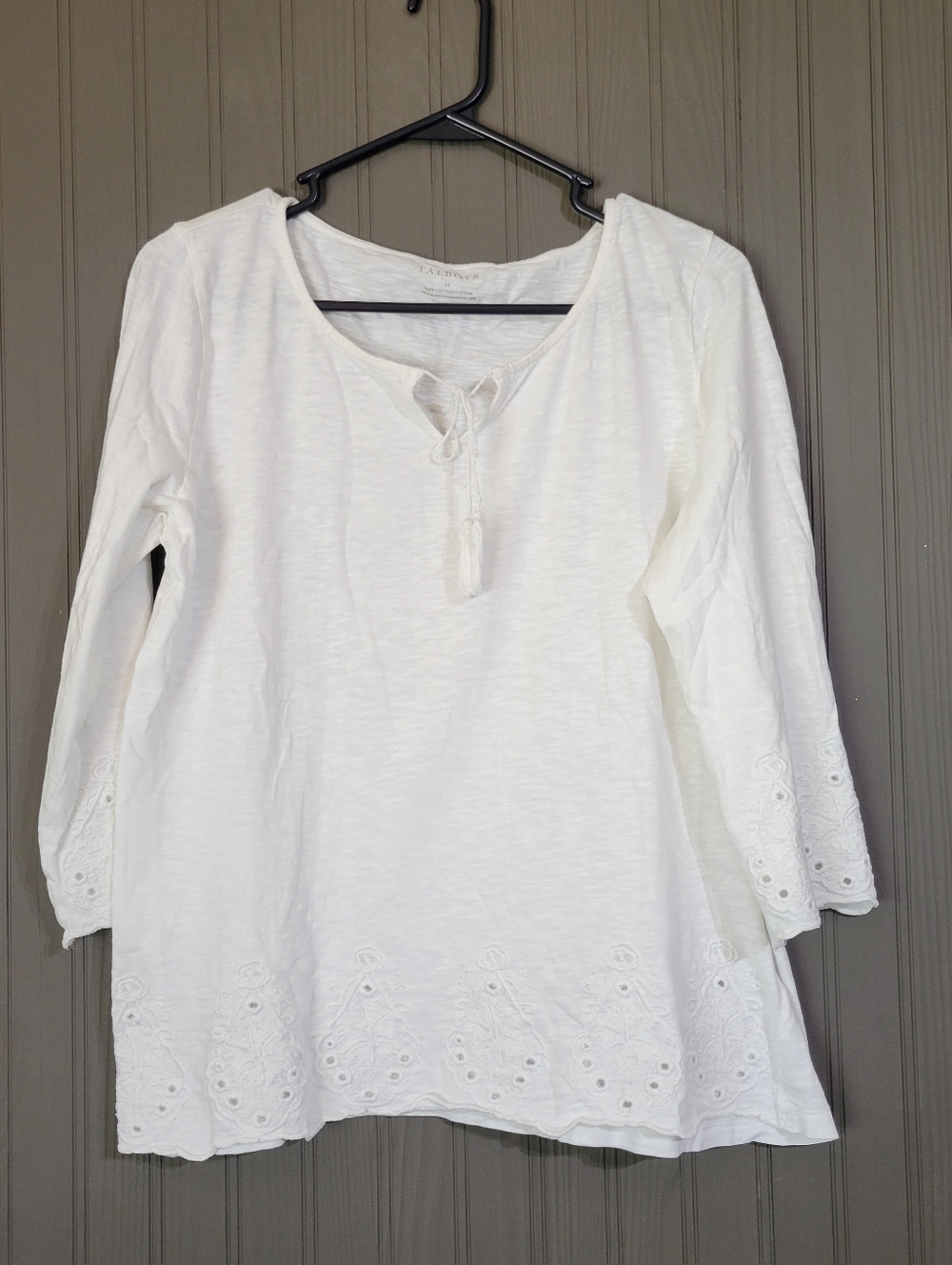 Talbots Long Sleeve Shirt Eyelet Embroidered Detail Tie Neck White Women's MD